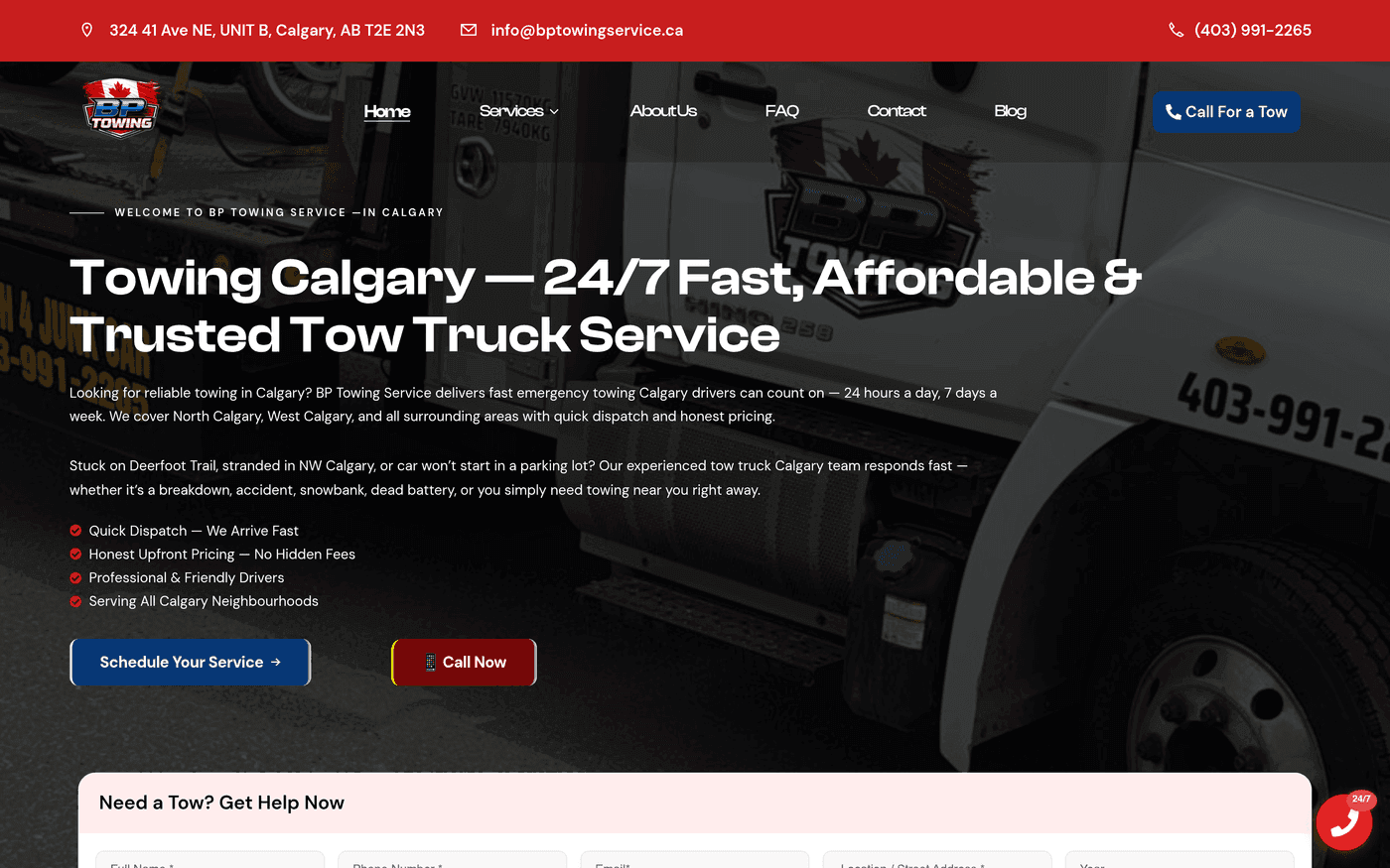 Screenshot of the BP Towing Service website