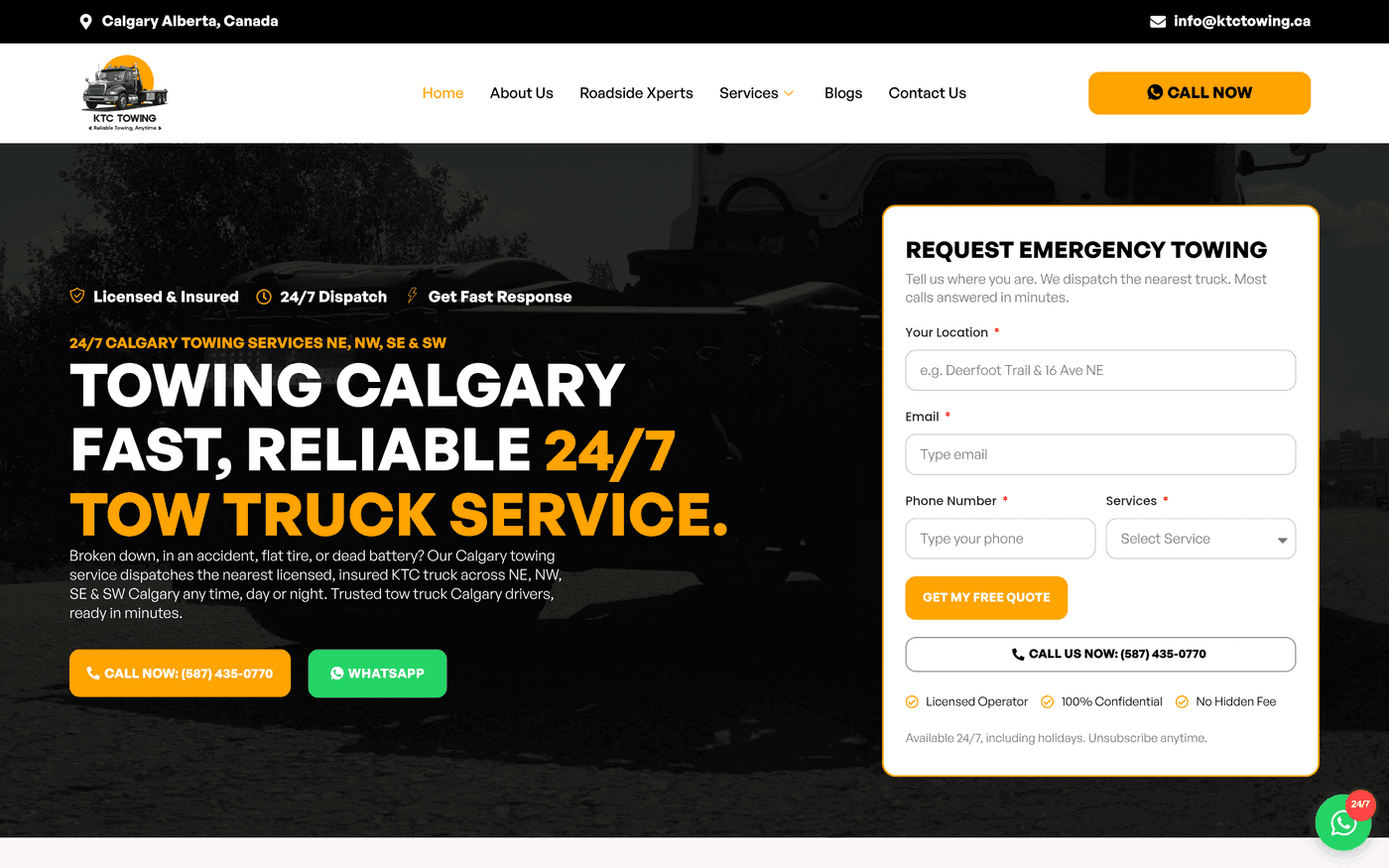 Screenshot of the KTC Towing website