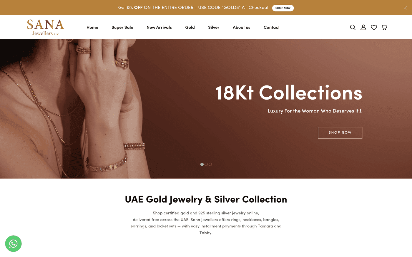 Screenshot of the Sana Jewellers website