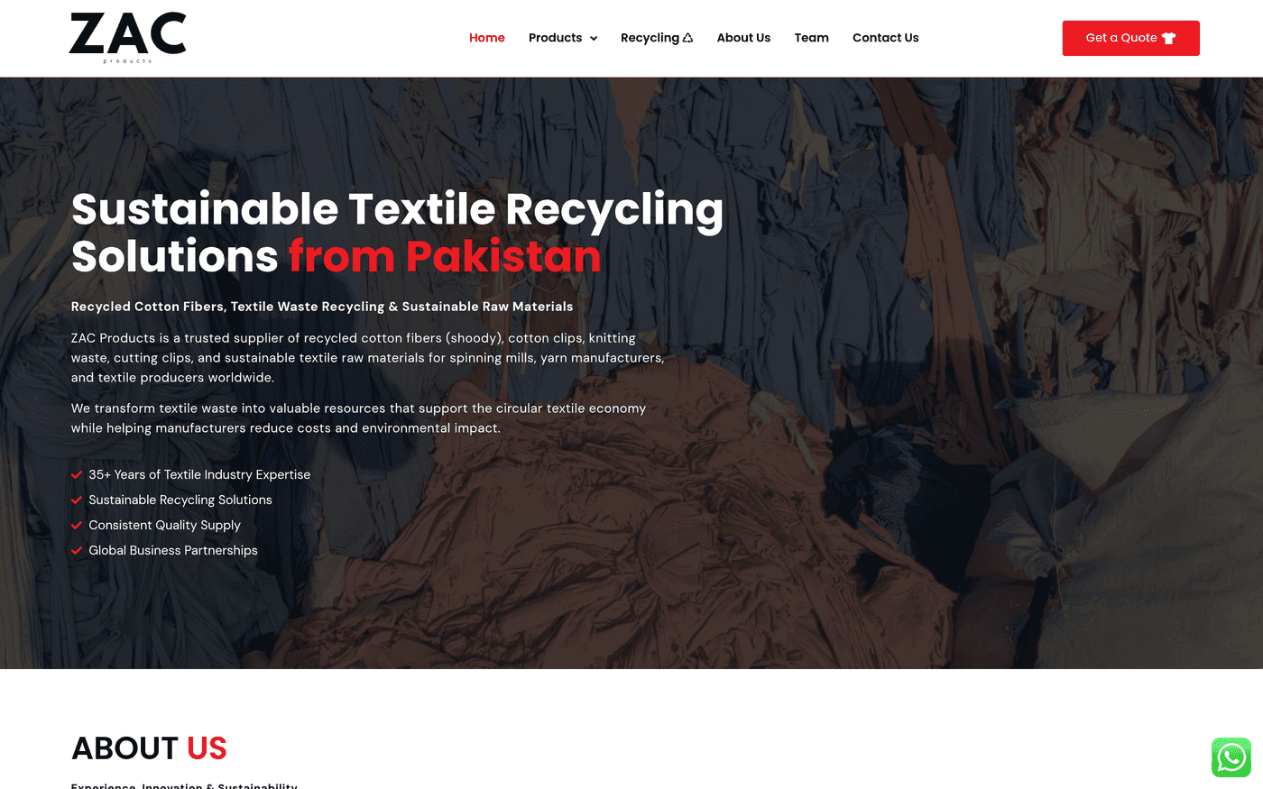 Screenshot of the ZAC Products website